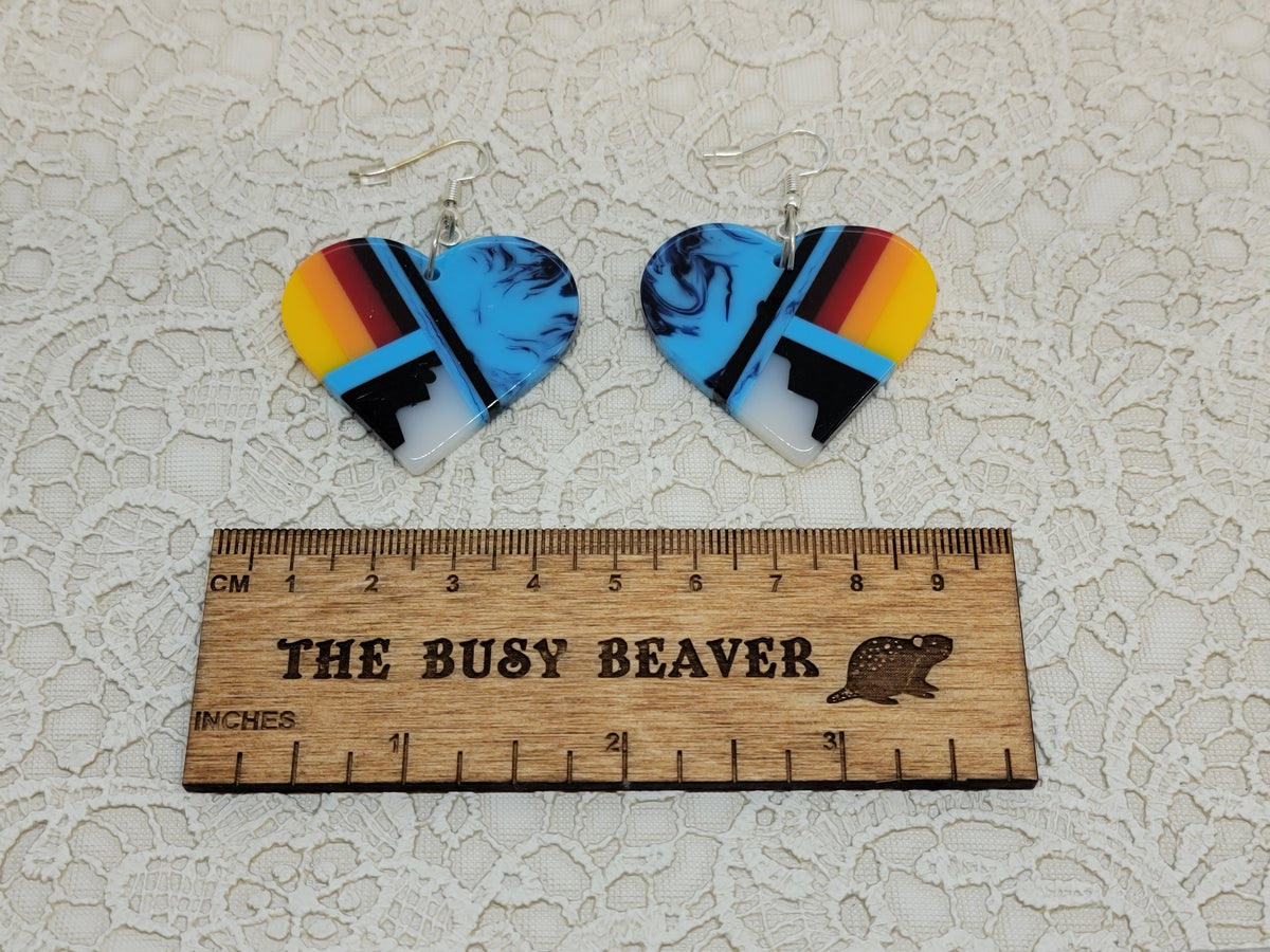 Pair of heart resin slab inlay earrings, combo #22: blue marble with sunset stripes, black and white