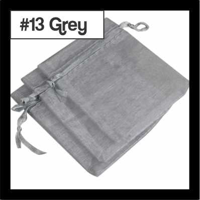 Sheer grey organza drawstring bags with satin ties, with a numbered colour label