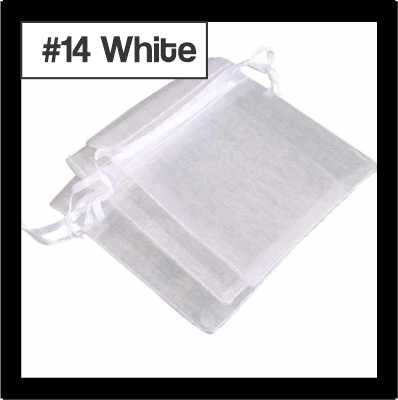 Sheer white organza drawstring bags with satin ties, with a numbered colour label