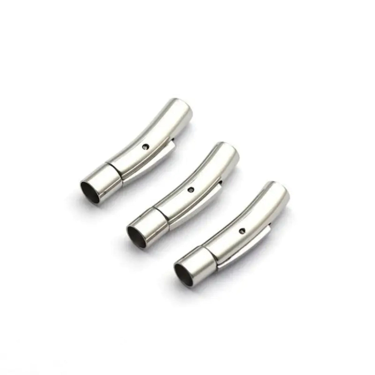 Three silver curved tube magnetic clasps with a 23 x 4mm inside hole