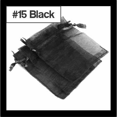 Sheer black organza drawstring bags with satin ties, with a numbered colour label
