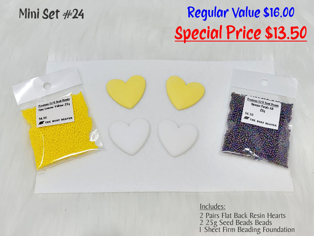 Mini set #24: yellow and white resin hearts, yellow and purple seed beads, and a white beading foundation