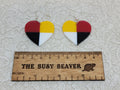 Pair of heart resin slab inlay earrings, combo #25: quartered in red, yellow, black and white