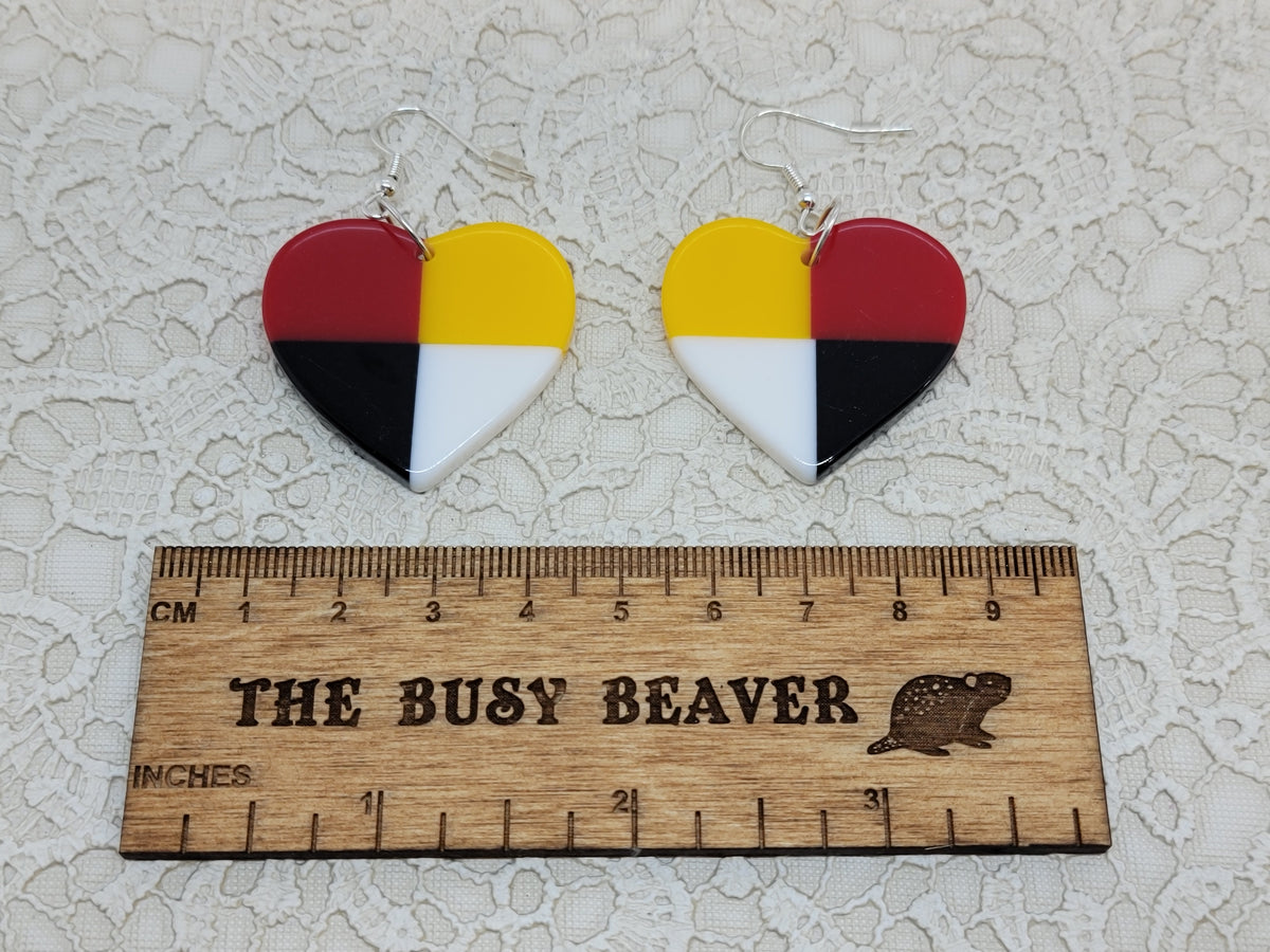 Pair of heart resin slab inlay earrings, combo #25: quartered in red, yellow, black and white