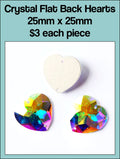 Card of 25mm crystal AB flat back hearts with sew holes, showing one heart and the back