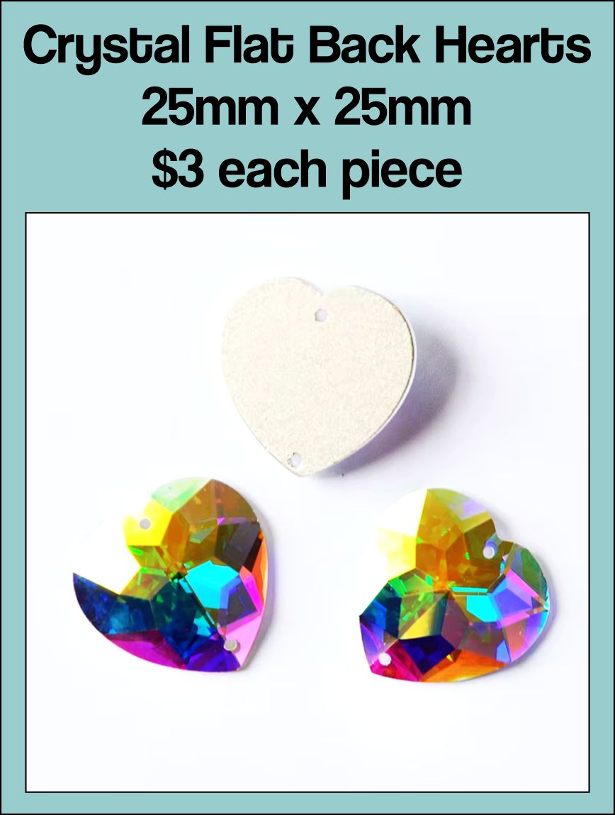 Card of 25mm crystal AB flat back hearts with sew holes, showing one heart and the back