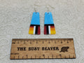 Pair of tapered resin slab inlay earrings, combo #26: blue marble with sunset stripes