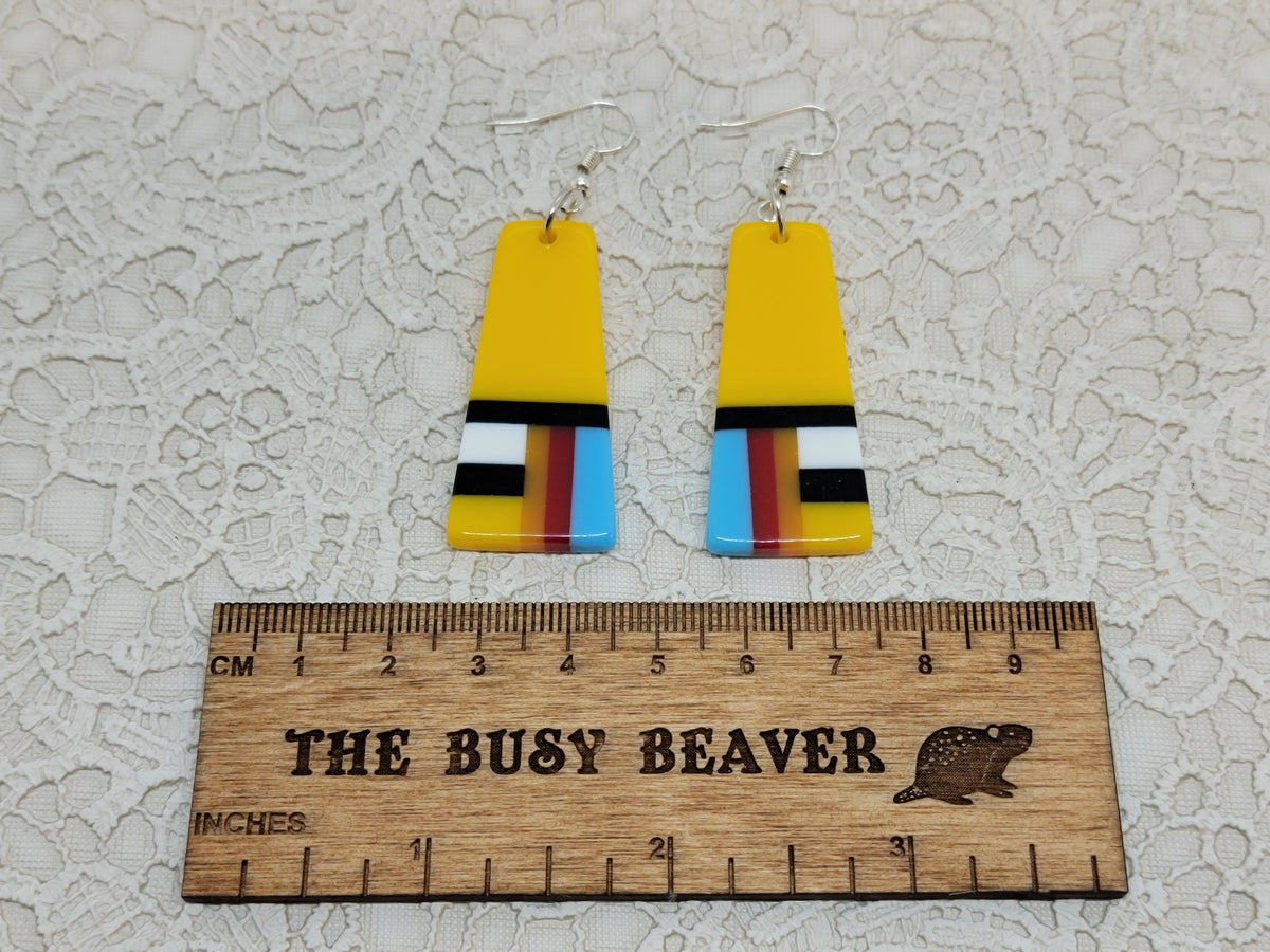 Pair of tapered resin slab inlay earrings, combo #28: yellow with black, white, red and blue