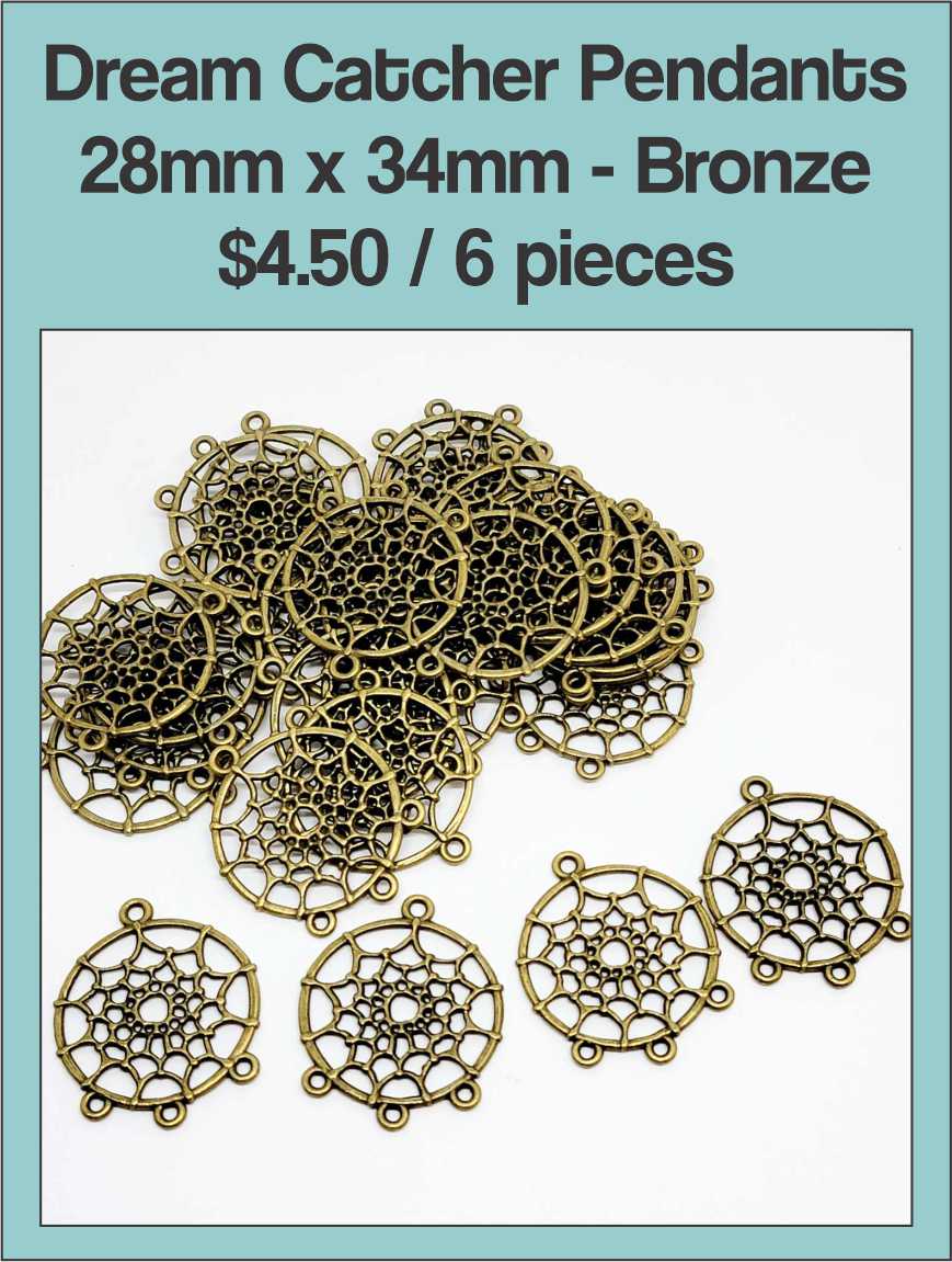 Bronze-tone 28 x 34mm dream catcher pendants with web centres, several shown