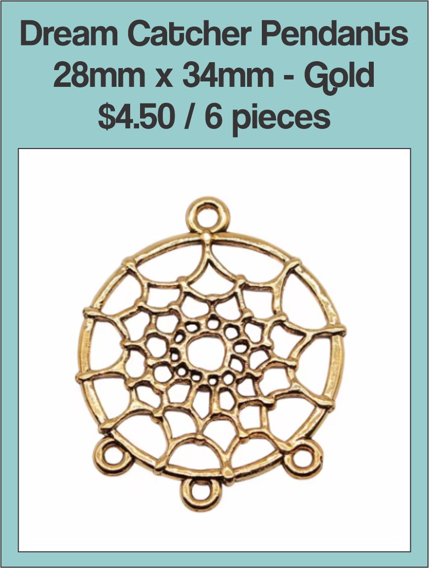 Close-up of a gold-tone 28 x 34mm dream catcher pendant with three loops below