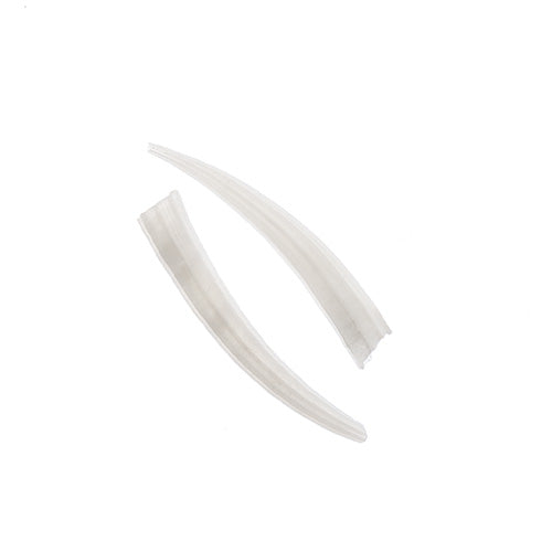 Close-up of two curved, tapered white dentalium shells on a white background