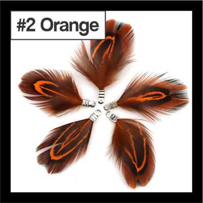 Five 4.5cm feather tassels in a ring, brown speckled feathers with orange edging, labelled #2
