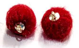 Pair of 15mm red faux mink pom pom tassels with gold-tone caps and loops