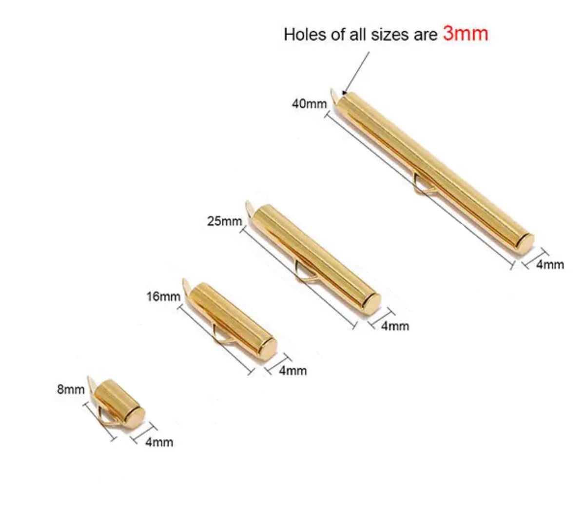 Size diagram of gold slide-on end clasps in 8mm, 16mm, 25mm and 40mm with 3mm holes