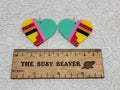 Pair of heart resin slab inlay earrings, combo #2: mint green with yellow, red, pink and black