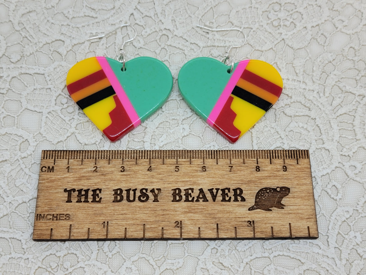 Pair of heart resin slab inlay earrings, combo #2: mint green with yellow, red, pink and black