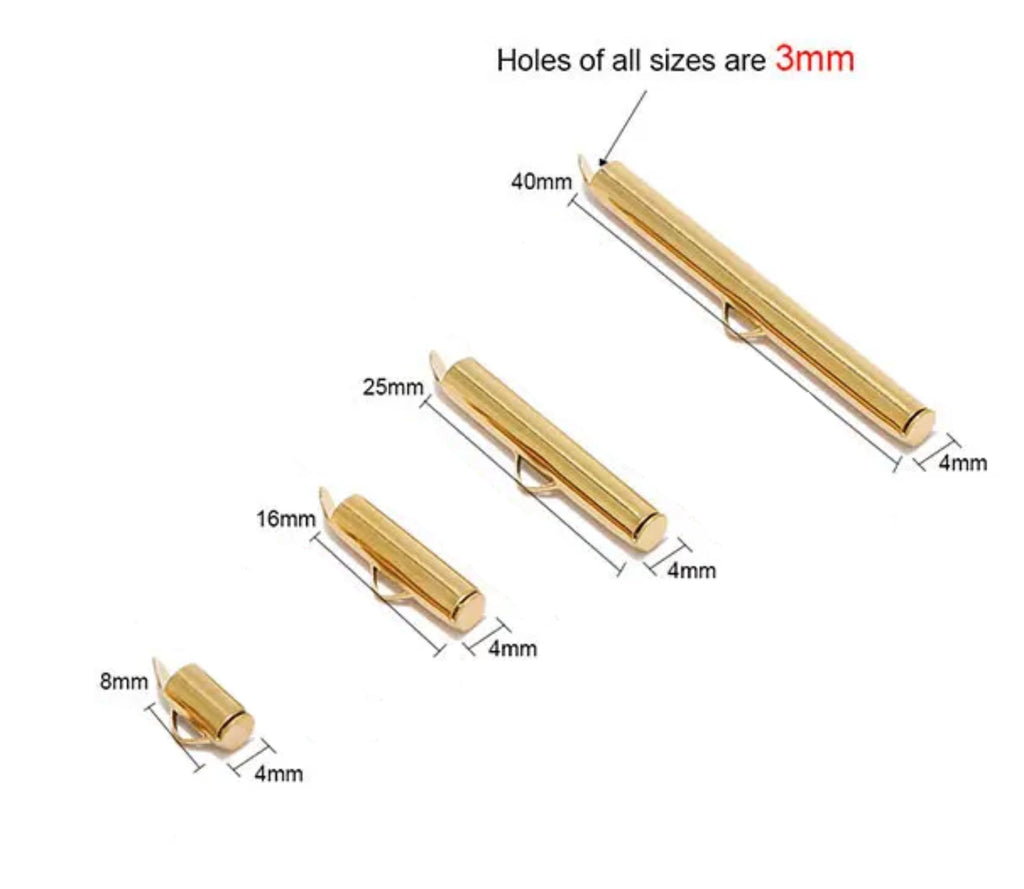 Size diagram of gold slide-on end clasps in 8mm, 16mm, 25mm and 40mm with 3mm holes