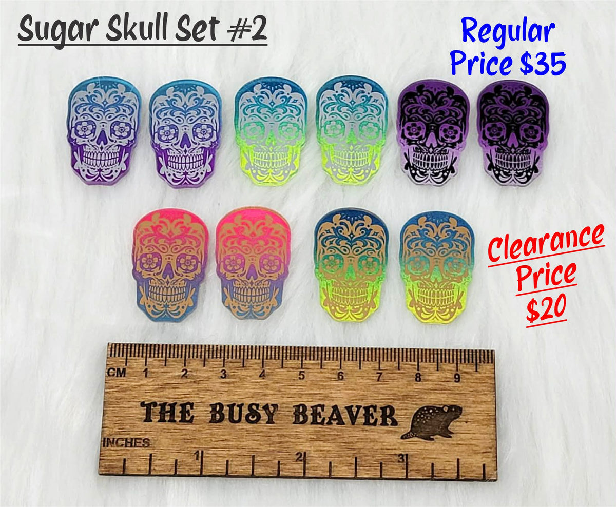 Sugar skull set #2: five pairs of ombre acrylic sugar skull cabochons (cabs) in purple, green, orange and yellow