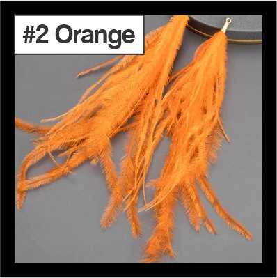 Pair of 14cm orange feather tassels with gold connectors, labelled #2 Orange