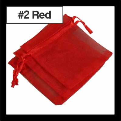 Sheer red organza drawstring bags with satin ties, with a numbered colour label