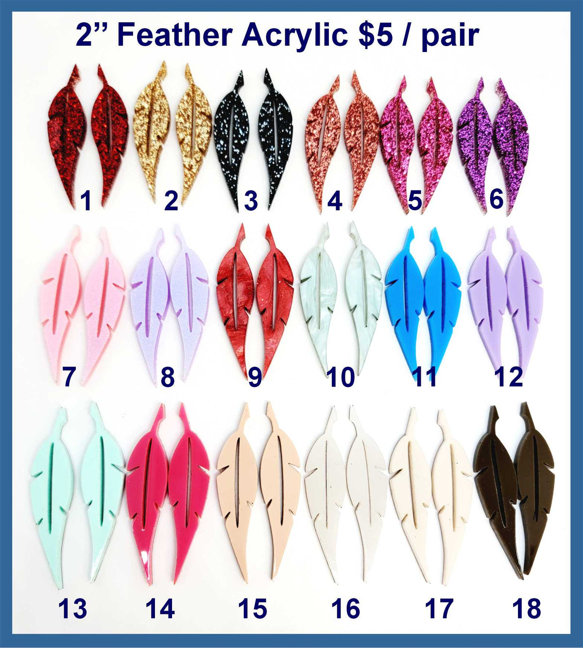 Eighteen pairs of 2 inch acrylic feather cabochons (cabs) in glitter, solid and marbled colours