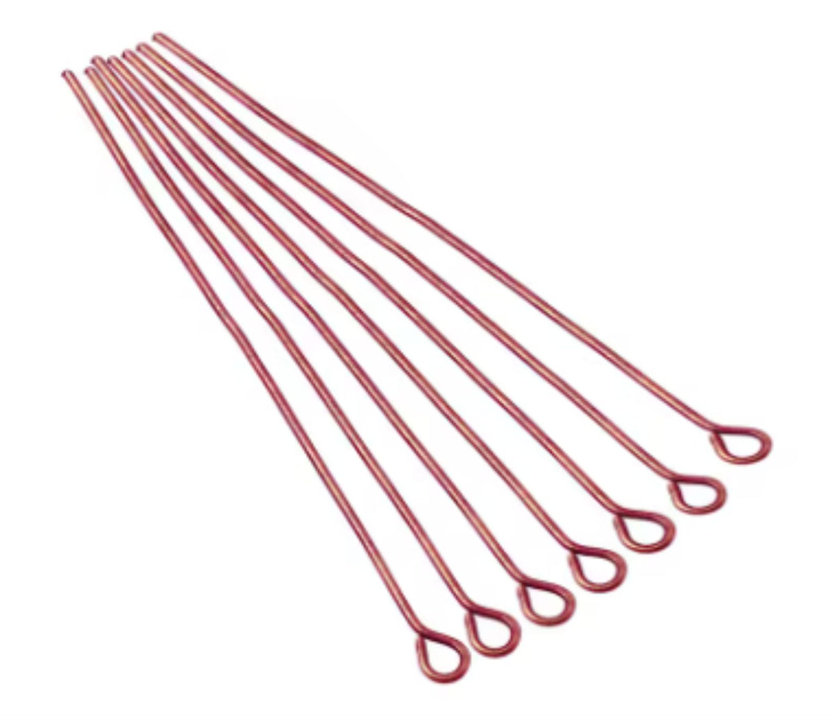 Fan of 30mm copper 20 gauge eye pins, each with a small round loop at one end, on white