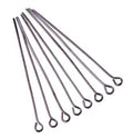 Fan of 30mm gunmetal 20 gauge eye pins, each with a small round loop at one end, on white