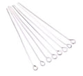 Fan of 30mm silver 20 gauge eye pins, each with a small round loop at one end, on white