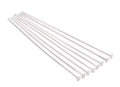 Fan of 30mm silver 20 gauge flat head pins, each with a flat disc head at one end, on white