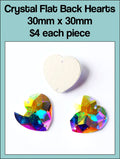 Card of 30mm crystal AB flat back hearts with sew holes, showing one heart and the back
