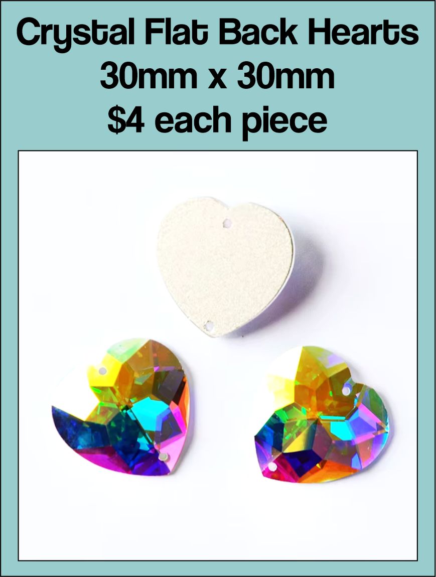 Card of 30mm crystal AB flat back hearts with sew holes, showing one heart and the back