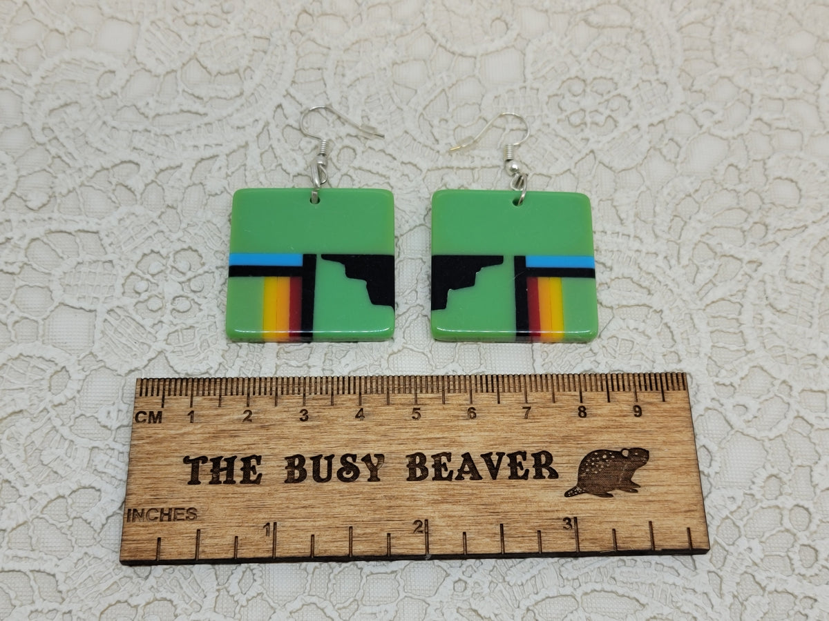 Pair of square resin slab inlay earrings, combo #36: green with a black step design and sunset stripes