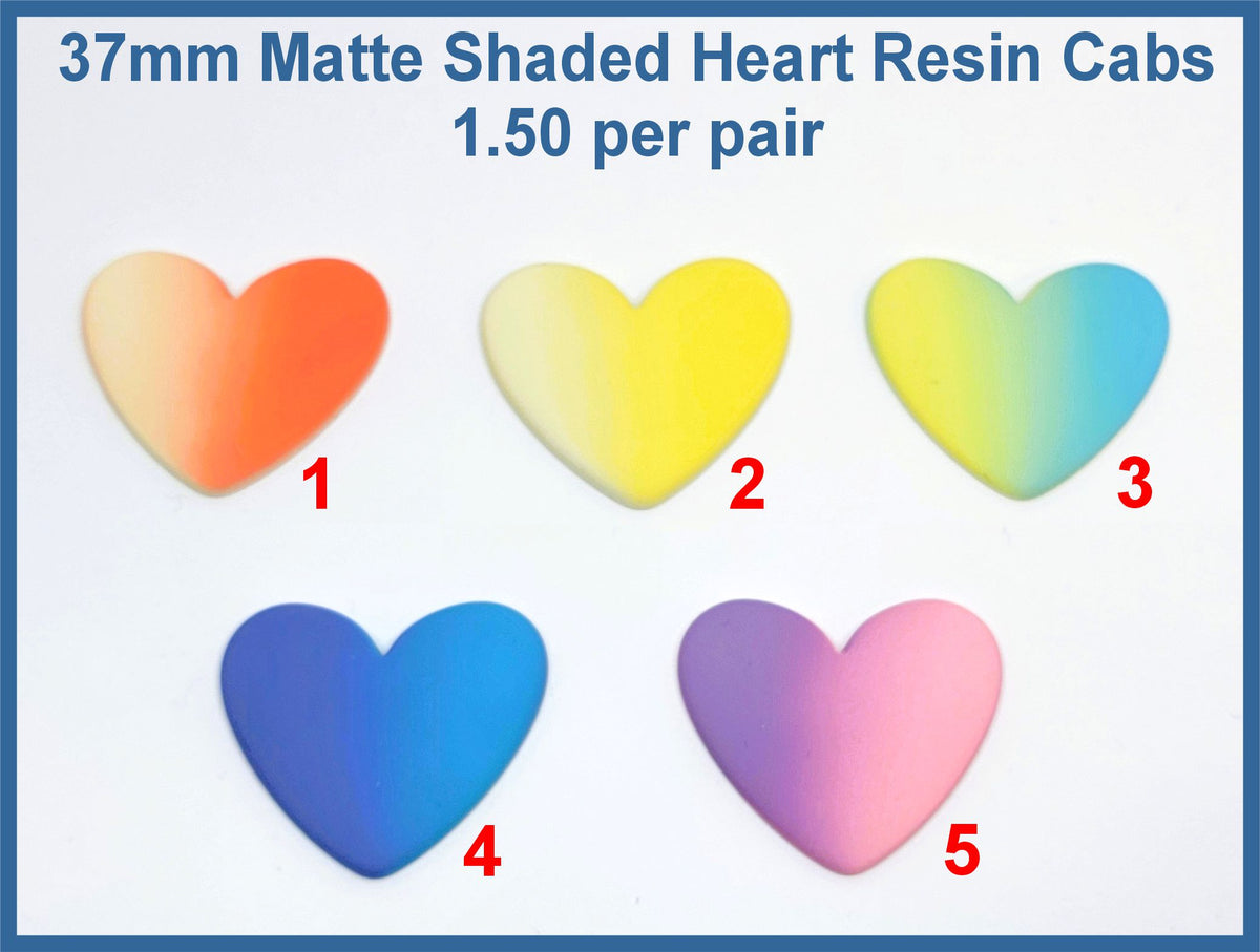 Five pairs of 37mm matte shaded resin heart cabochons (cabs) in two-tone colour blends, numbered 1 to 5