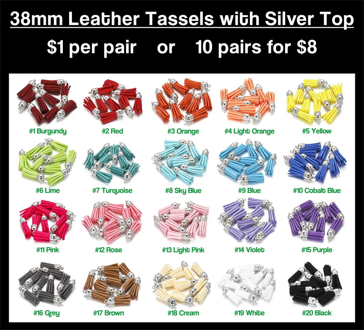Chart of 20 colours of 38mm leather fringe tassels with silver-tone caps