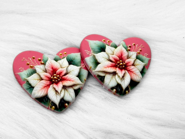Pair of Premium 3D 37mm resin heart cabochons (cabs) in pink with a white and red poinsettia