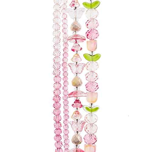 Four strands of Crystal Lane glass beads with flower, leaf and faceted round beads in a light pink to pink mix