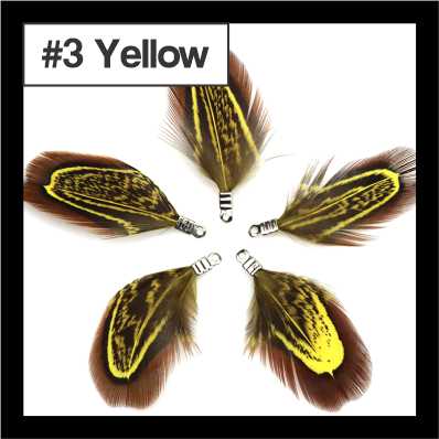 Five 4.5cm feather tassels in a ring, brown speckled feathers with yellow edging, labelled #3