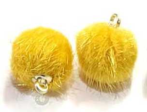 Pair of 15mm yellow faux mink pom pom tassels with gold-tone caps and loops