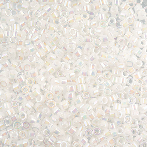 Close-up of Miyuki Delica 11/0 DB0202 cylinder beads in opaque white pearl with an AB rainbow finish