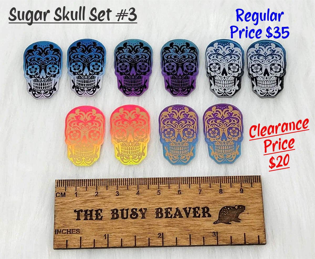Sugar skull set #3: five pairs of ombre acrylic sugar skull cabochons (cabs) in navy, purple, white and orange