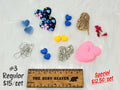 Bundle #3 in spring colours: floral, blue and pink hearts, small hearts, rhinestone chain, ear wires and tassels
