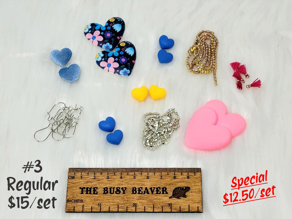 Bundle #3 in spring colours: floral, blue and pink hearts, small hearts, rhinestone chain, ear wires and tassels