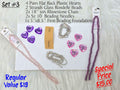 Set #3: faceted purple and pink plastic hearts, two rondelle strands, rhinestone chain and needles on white foundation