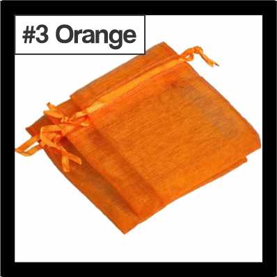 Sheer orange organza drawstring bags with satin ties, with a numbered colour label