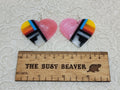 Pair of heart resin slab inlay earrings, combo #3: pink marble with sunset stripes, black and white