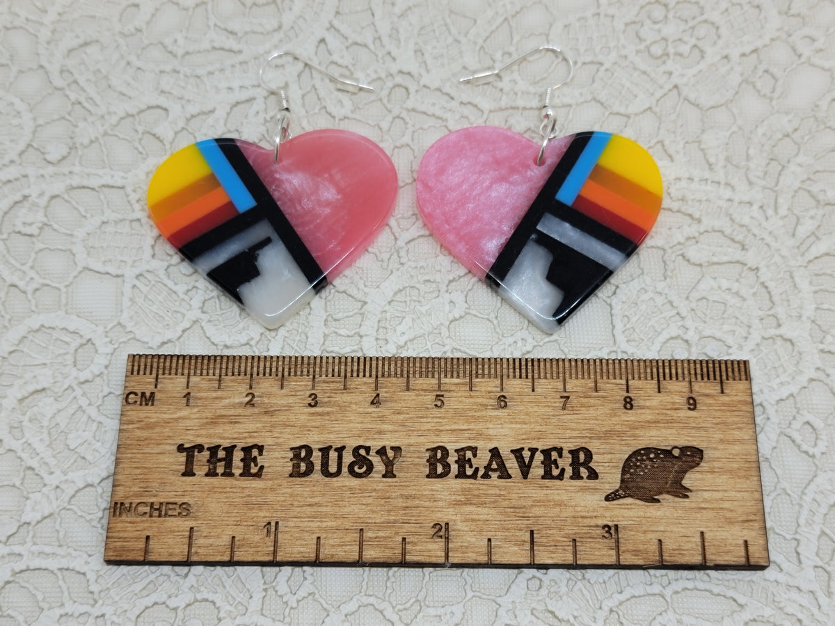 Pair of heart resin slab inlay earrings, combo #3: pink marble with sunset stripes, black and white