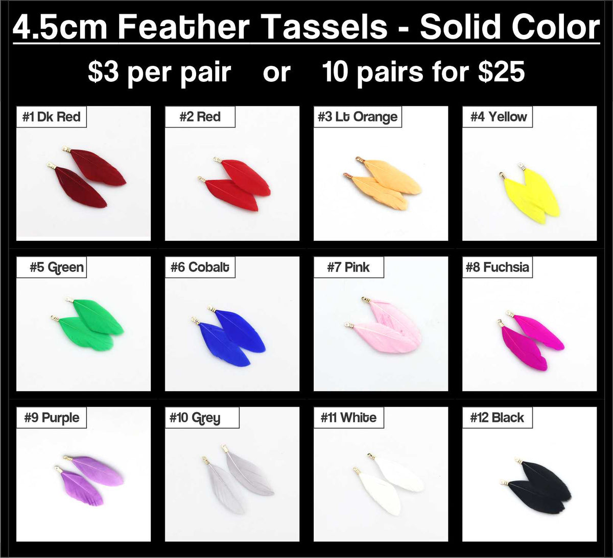 Chart of 12 solid colours of 4.5cm feather tassels, from dark red to black