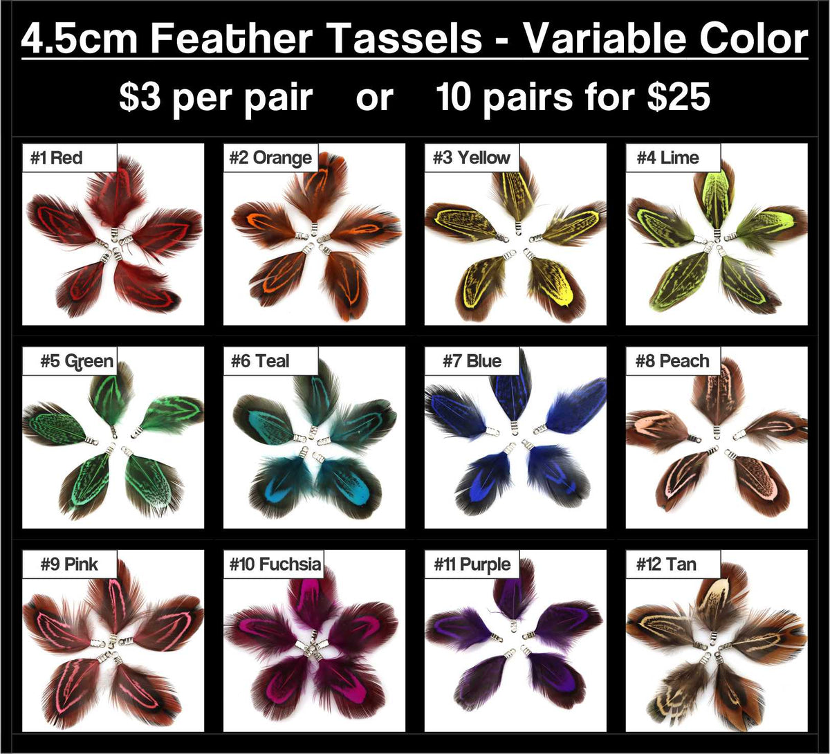 Chart of 12 variable-colour 4.5cm feather tassels with brown speckled feathers edged in colour