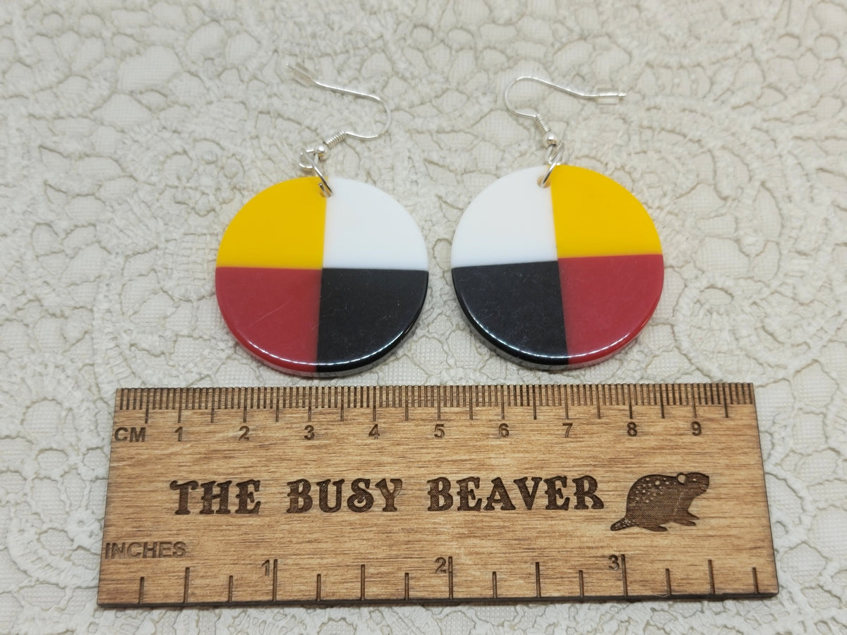 Pair of round resin slab inlay earrings, combo #41: quartered in yellow, white, red and black