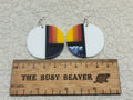 Pair of round resin slab inlay earrings, combo #42: white with sunset stripes and navy marble